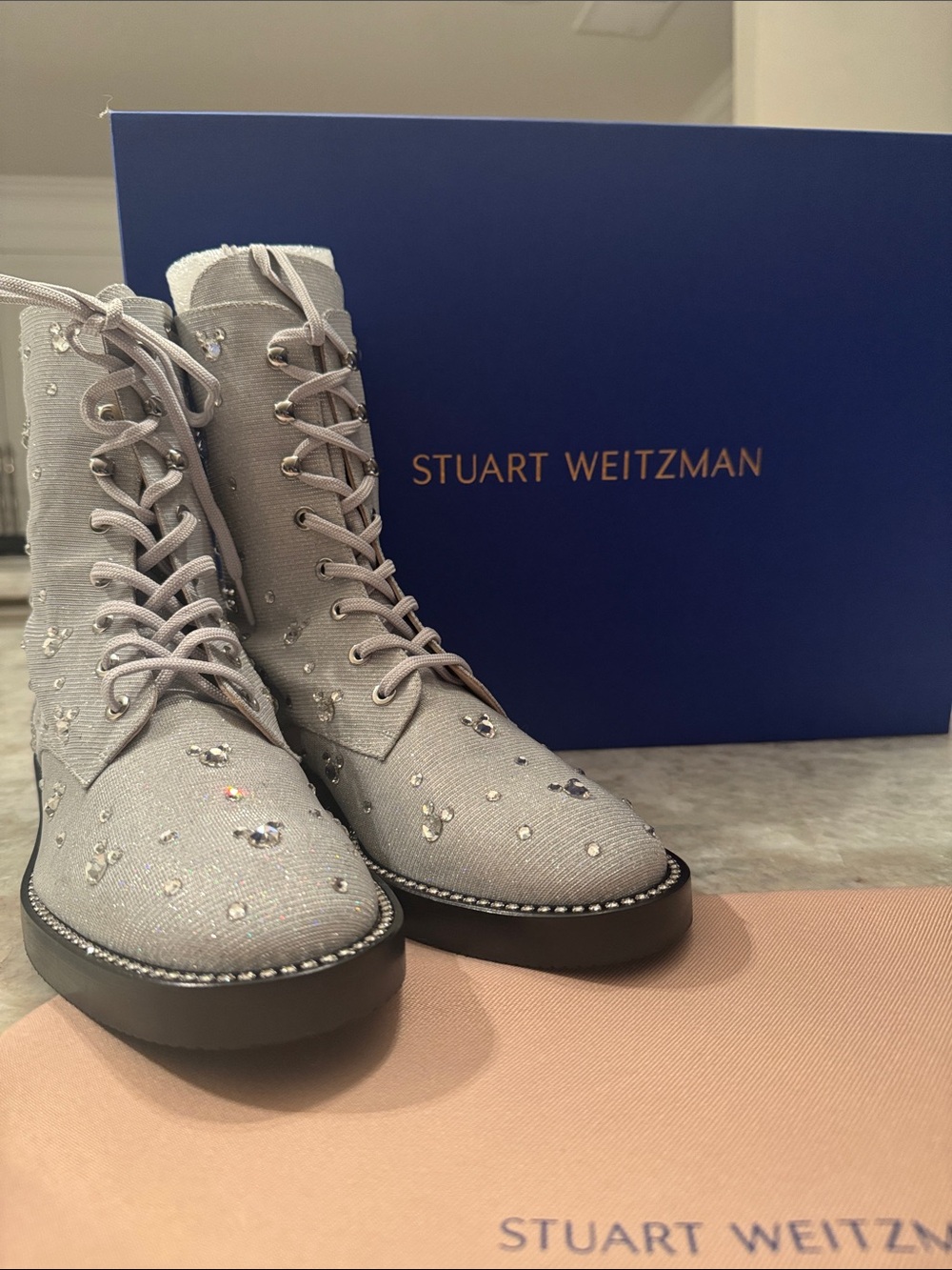 Stuart Weitzman Women's Silver Embellished Lace-Up Boots